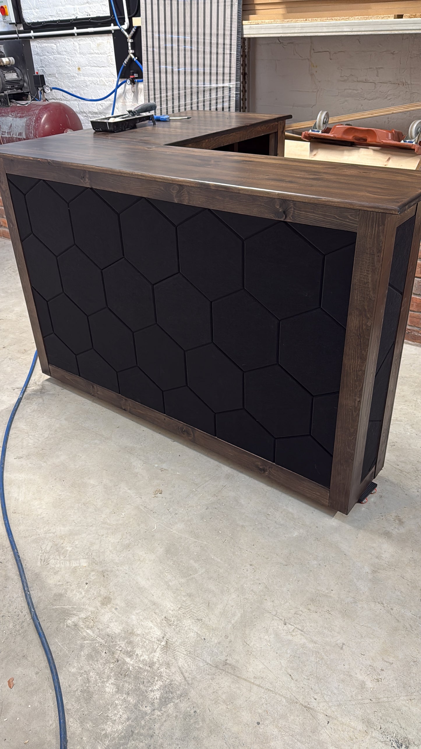 L-Shaped Wooden Bar with Acoustic Panels – Custom Made – Space for Large Fridge