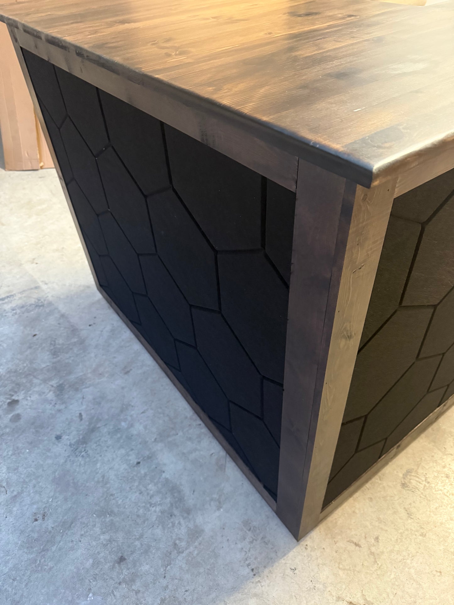 L-Shaped Wooden Bar with Acoustic Panels – Custom Made – Space for Large Fridge