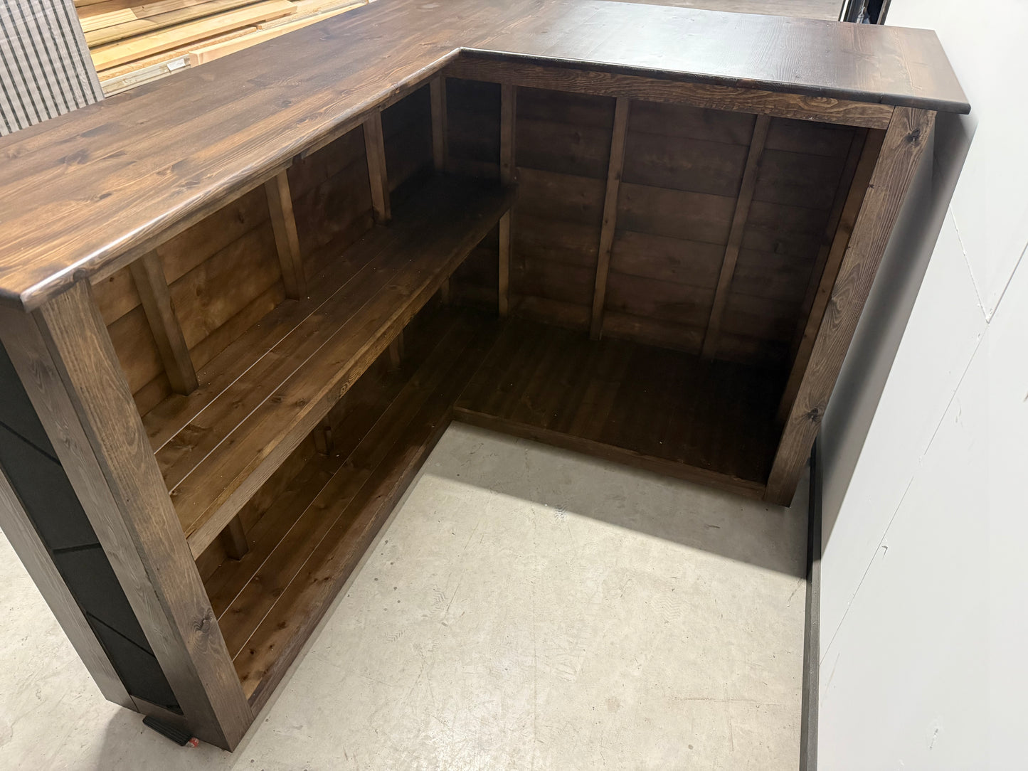 L-Shaped Wooden Bar with Acoustic Panels – Custom Made – Space for Large Fridge